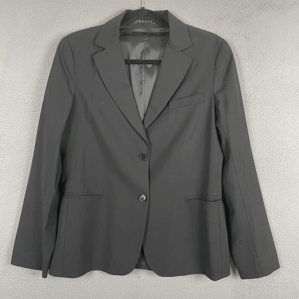 Theory Blazer Womens 12 Black Wool Lined Collared Single-Breasted Two-Button